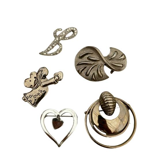 Monet Jewelry - Vintage Lot of Five Silver Brooches Geometric Abstract Angel Heart